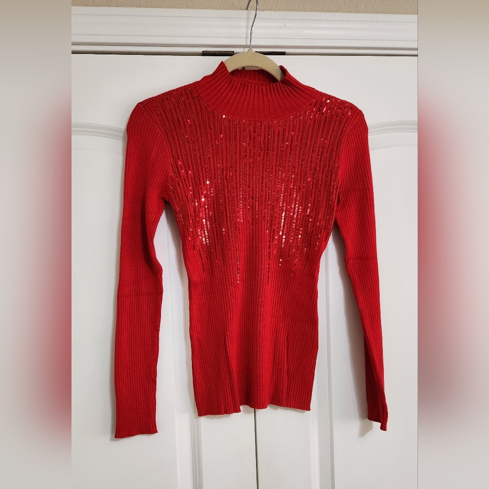 INC International Concepts Women's Mock Neck Drip Sequin Sweater Red Size XS - Picture 4 of 8
